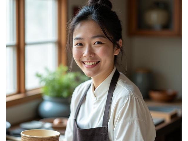 ふるふどう創業者、伝統的な和食の調理風景を背景に微笑む