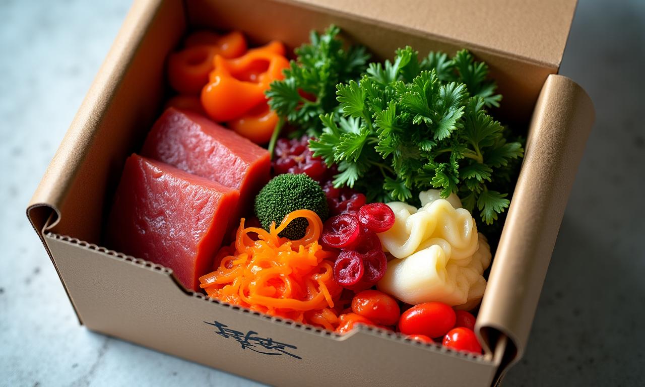 Open meal kit box showcasing vibrant, fresh Japanese ingredients