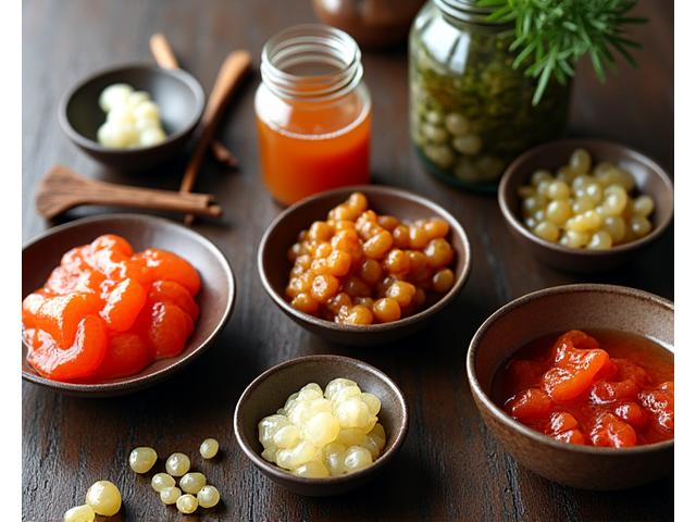 発酵中の味噌や漬物の瓶が並べられた、伝統的な発酵食品の workshop の机